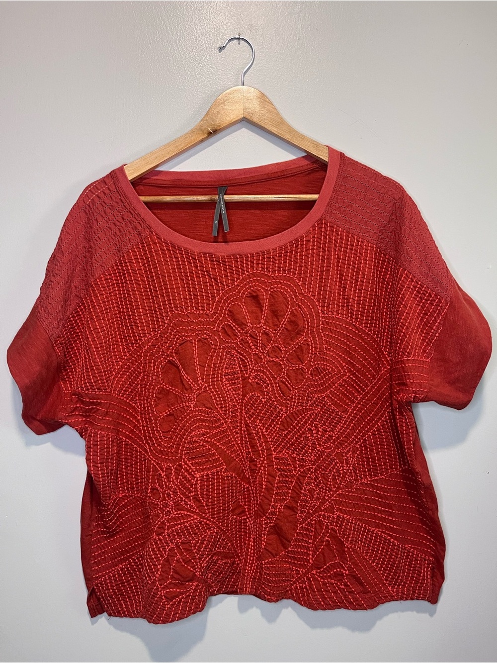 Anthropologie Embroidered Red Short-Sleeve Crewneck Top